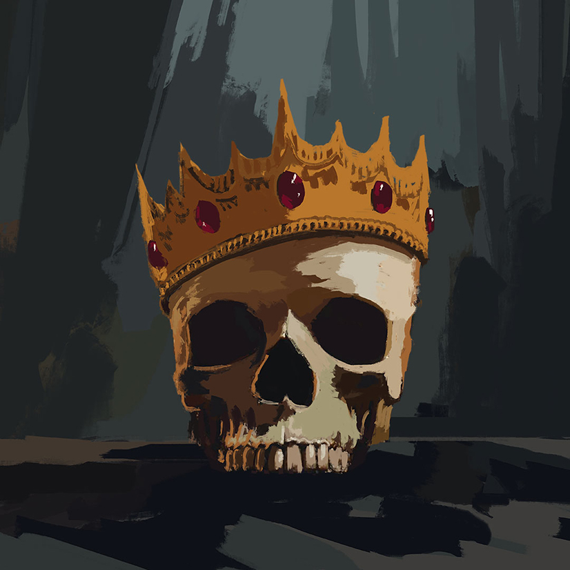 a scull wearing a crown