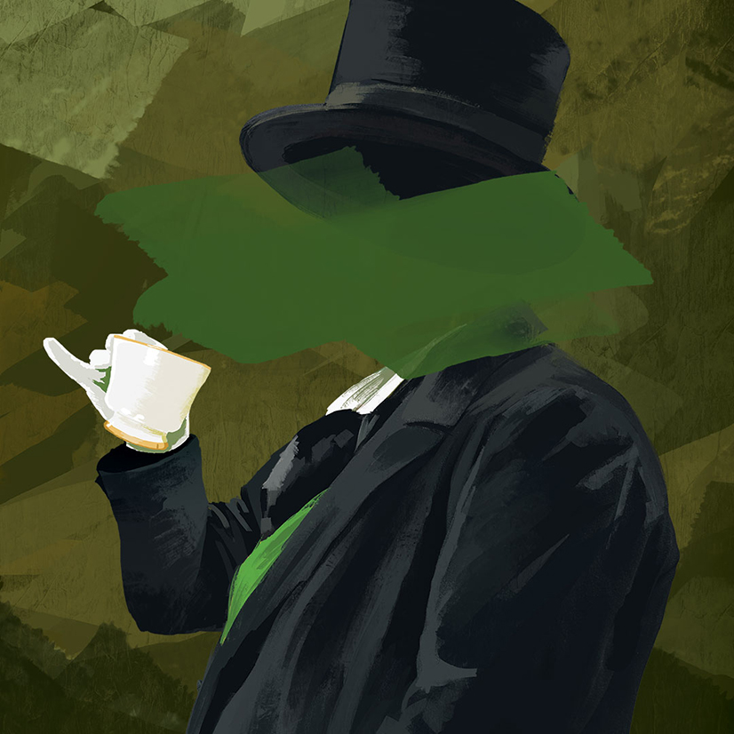 An unknown person wearing a suit and top hat and drinking from a cup