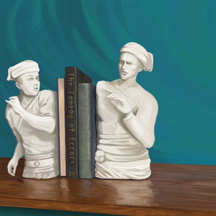 Illustration of two people as book ends in between books